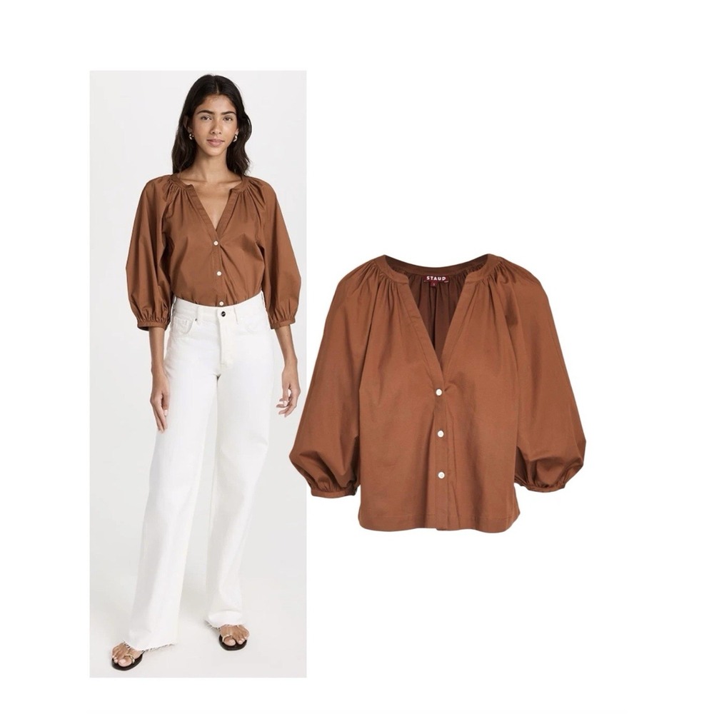 STAUD New Dill Top Brown Cotton Poplin Puff Sleeve Button Front Quiet Luxury L